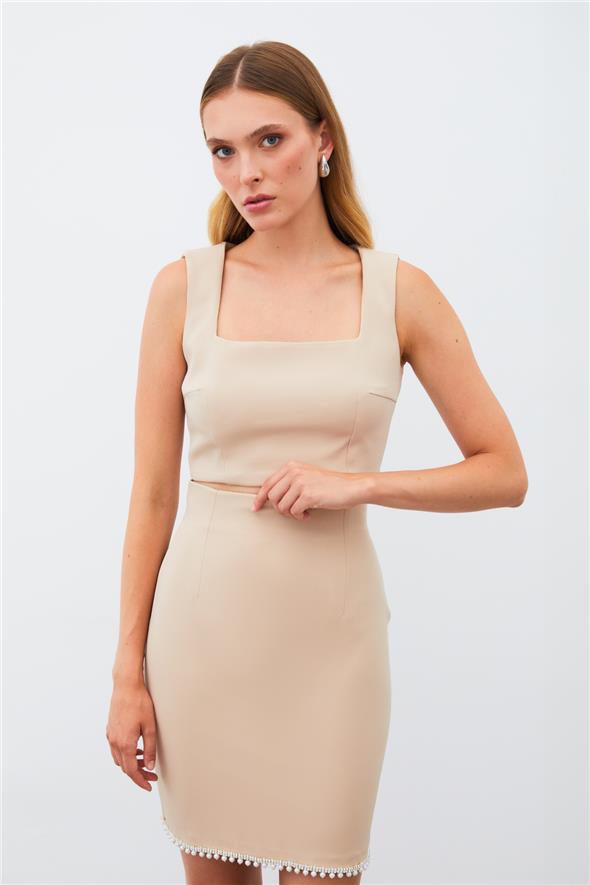 Kare Yaka Crop Bluz - Camel