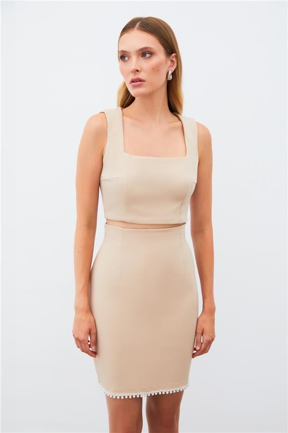 Kare Yaka Crop Bluz - Camel