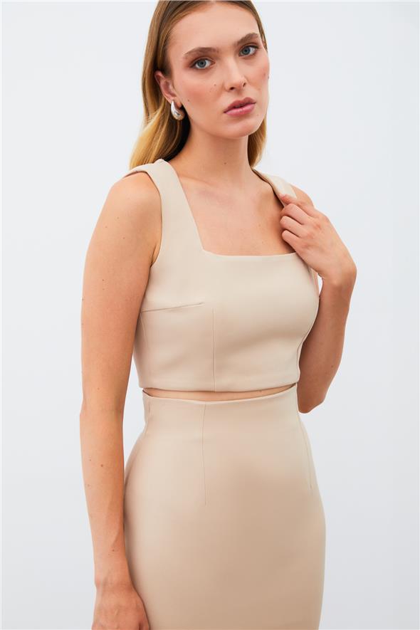 Kare Yaka Crop Bluz - Camel