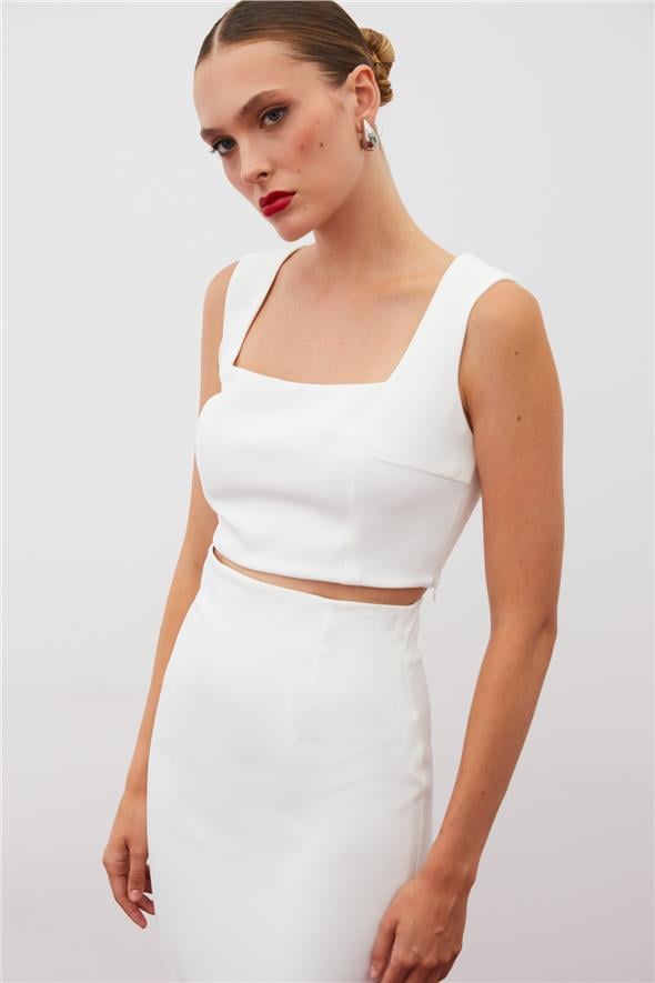 Kare Yaka Crop Bluz - Ekru