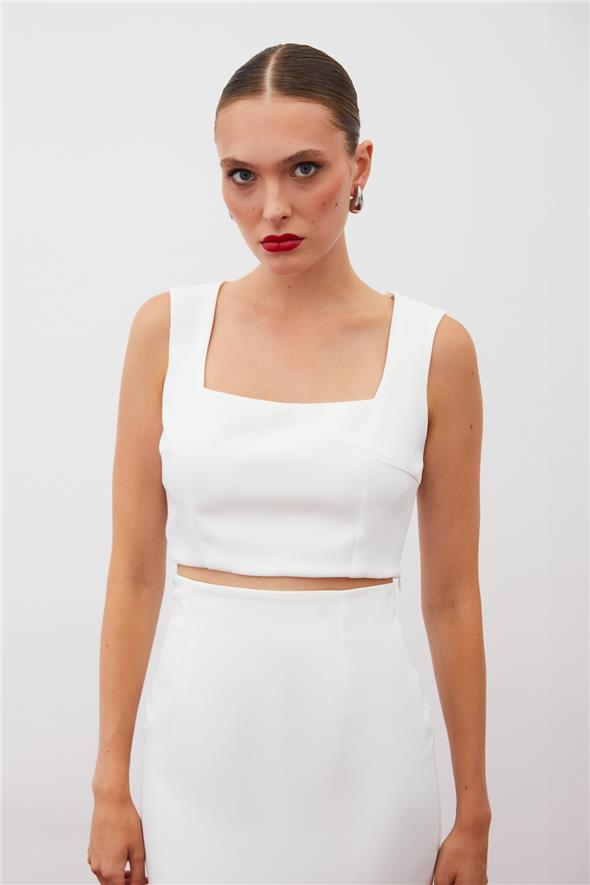 Kare Yaka Crop Bluz - Ekru