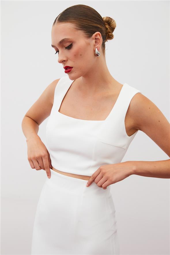 Kare Yaka Crop Bluz - Ekru