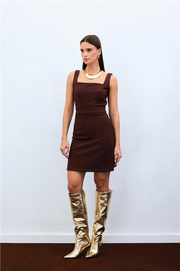 Kare Yaka Crop Bluz - Kahve