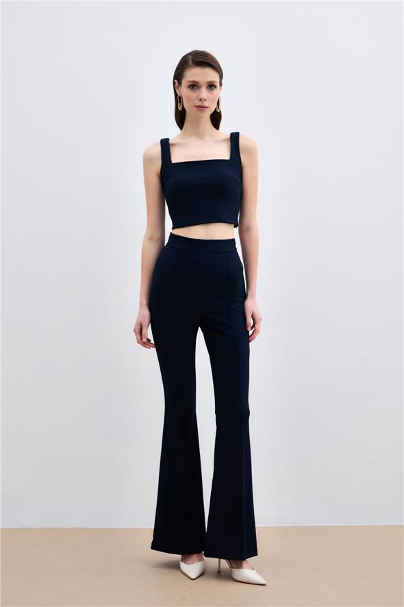 Kare Yaka Crop Bluz - Lacivert
