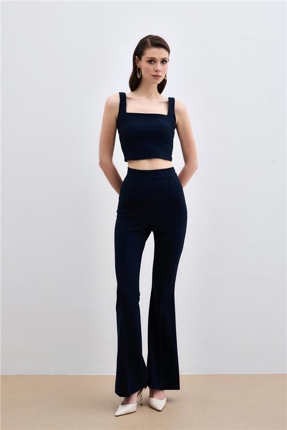 Kare Yaka Crop Bluz - Lacivert