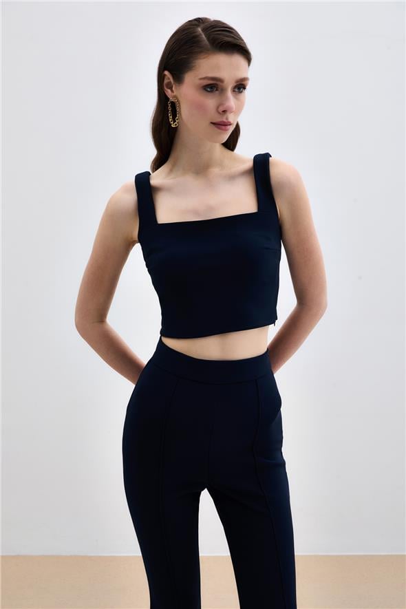 Kare Yaka Crop Bluz - Lacivert