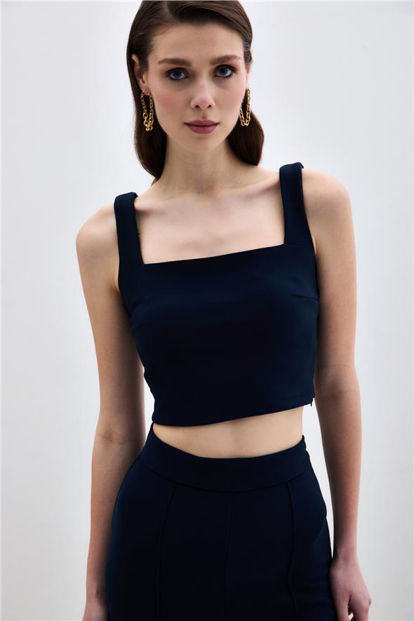 Kare Yaka Crop Bluz - Lacivert