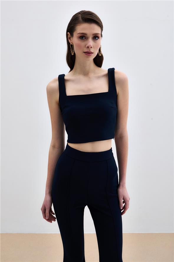 Kare Yaka Crop Bluz - Lacivert