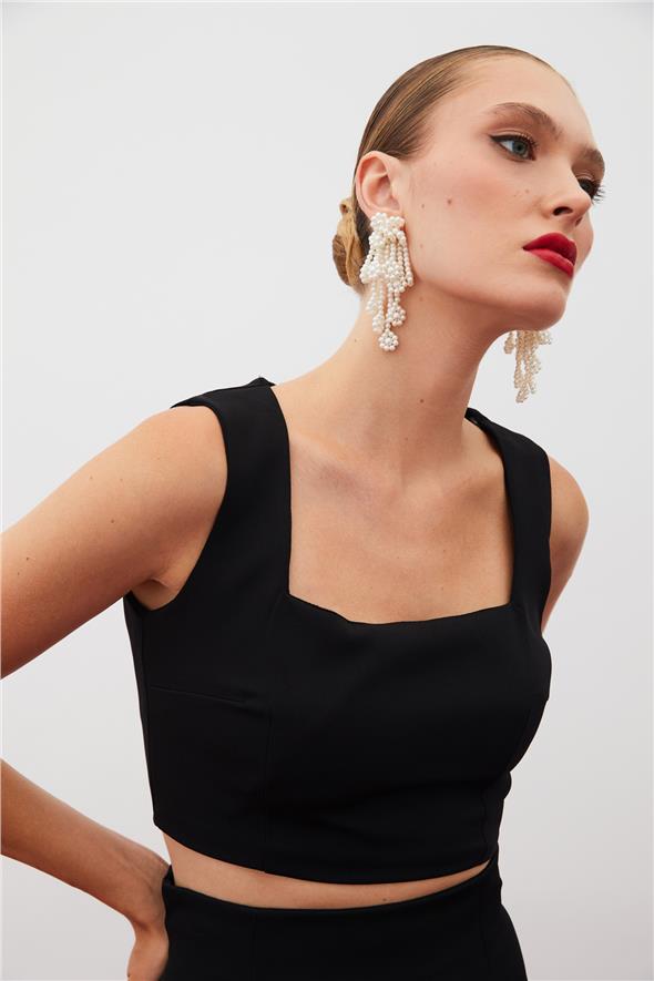 Kare Yaka Crop Bluz - Siyah