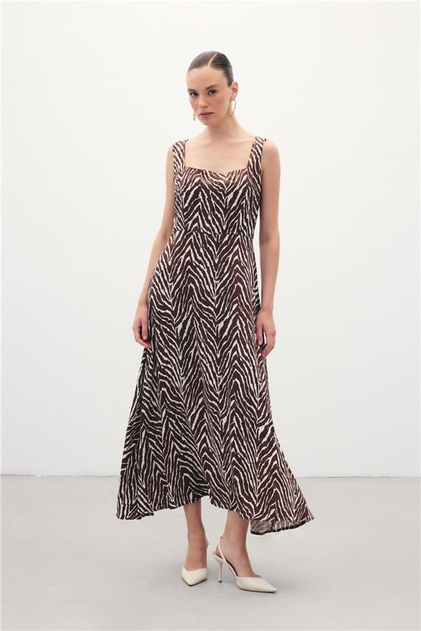 Kare Yaka Zebra Desenli Elbise - Kahve