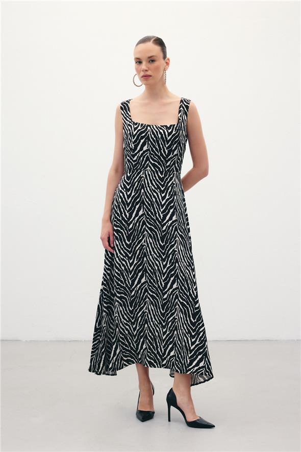 Kare Yaka Zebra Desenli Elbise - Siyah