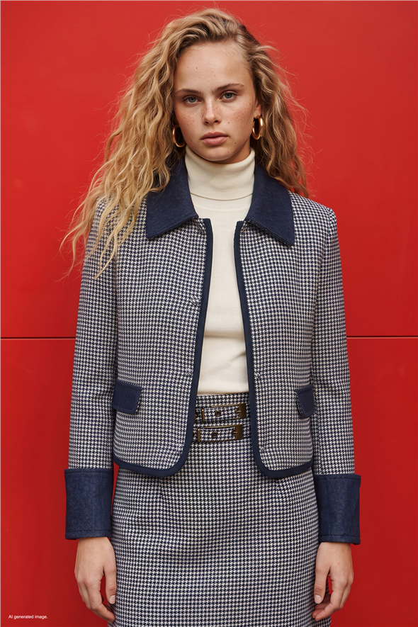 Kazayağı Desenli Denim Detaylı Ceket - Mavi