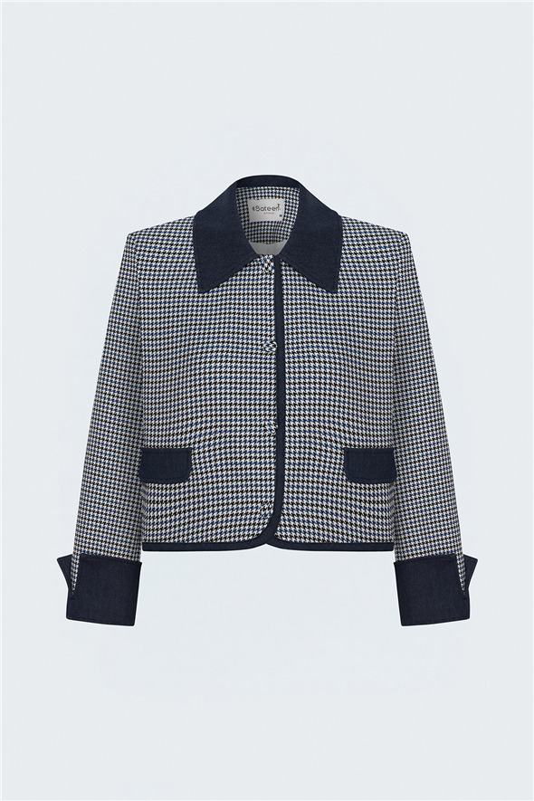 Kazayağı Desenli Denim Detaylı Ceket - Mavi