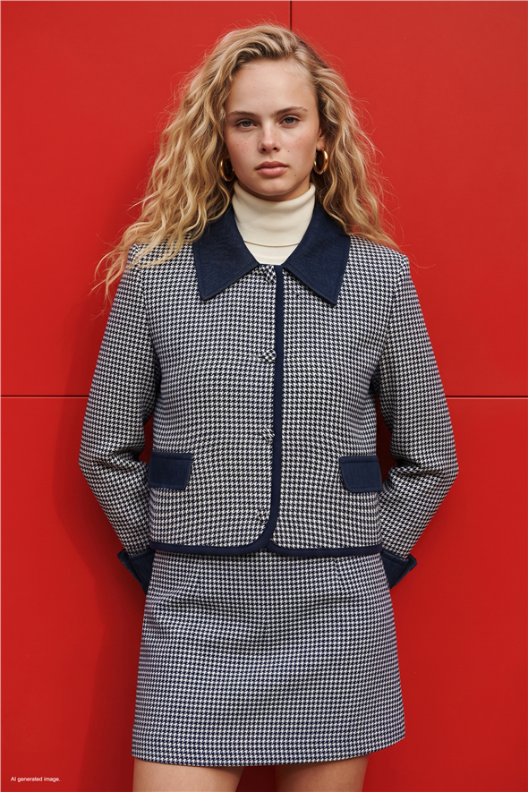 Kazayağı Desenli Denim Detaylı Ceket - Mavi