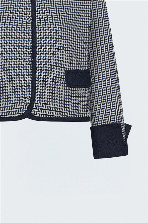 Kazayağı Desenli Denim Detaylı Ceket - Mavi