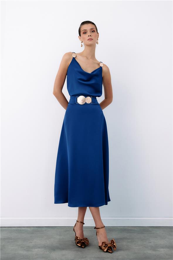 Kemer Aksesuarlı Kloş Etek - Lacivert