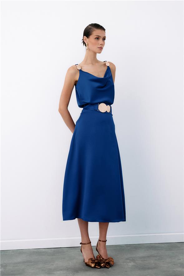 Kemer Aksesuarlı Kloş Etek - Lacivert