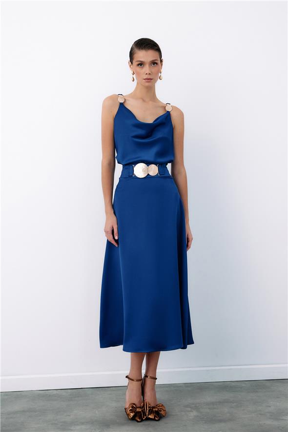Kemer Aksesuarlı Kloş Etek - Lacivert