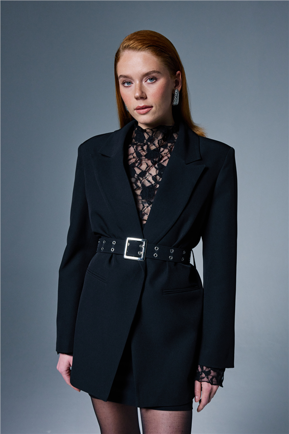 Kemer Detaylı Ceket - Siyah