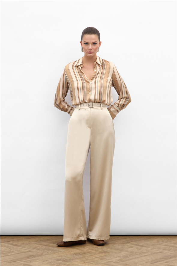 Kemer Detaylı Saten Pantolon - Bej