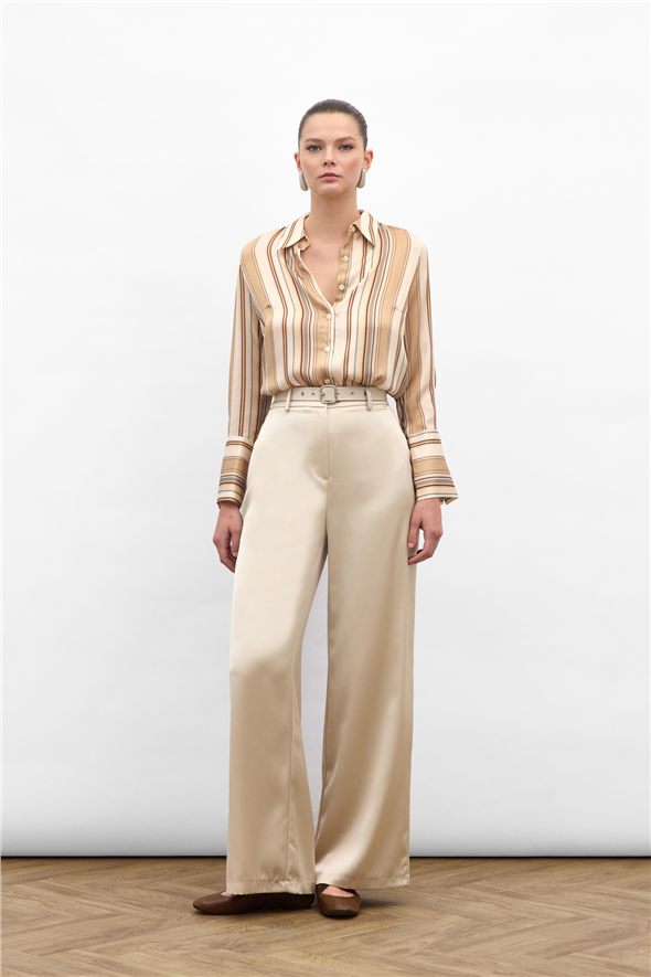 Kemer Detaylı Saten Pantolon - Bej