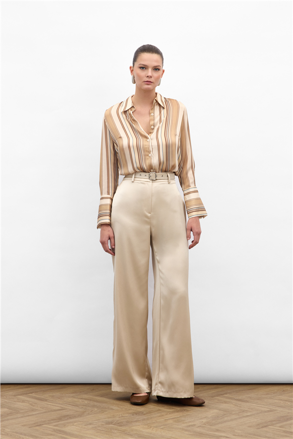 Kemer Detaylı Saten Pantolon - Bej