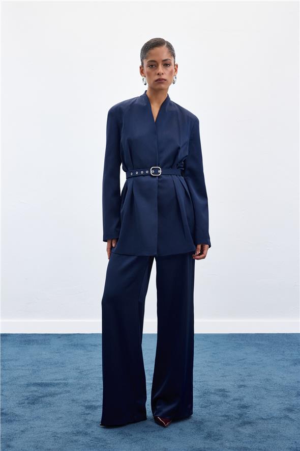 Kemer Detaylı Saten Pantolon - Lacivert
