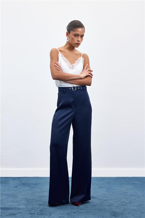 Kemer Detaylı Saten Pantolon - Lacivert