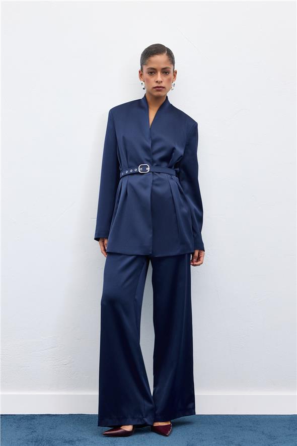 Kemer Detaylı Saten Pantolon - Lacivert