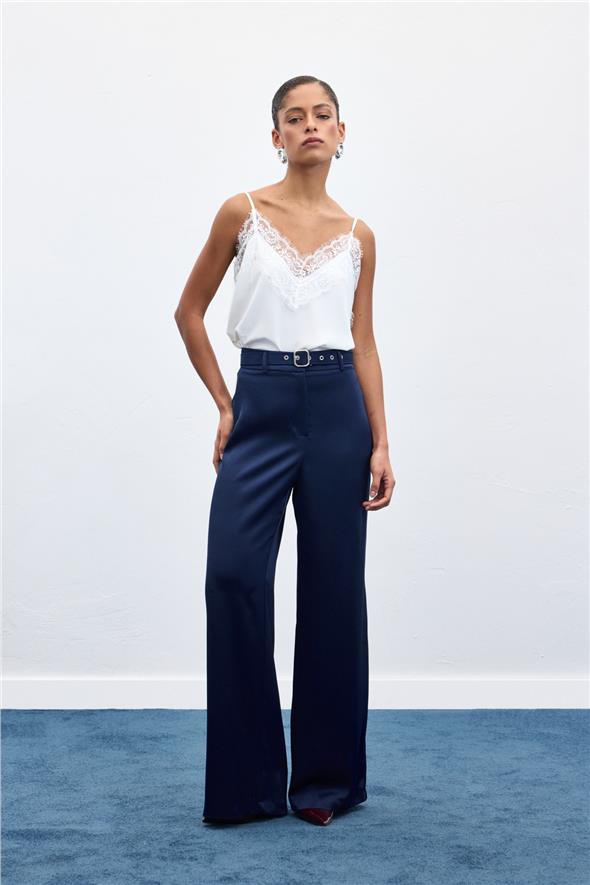 Kemer Detaylı Saten Pantolon - Lacivert