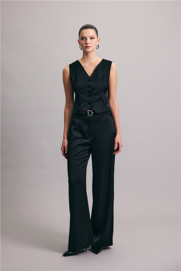 Kemer Detaylı Saten Pantolon - Siyah