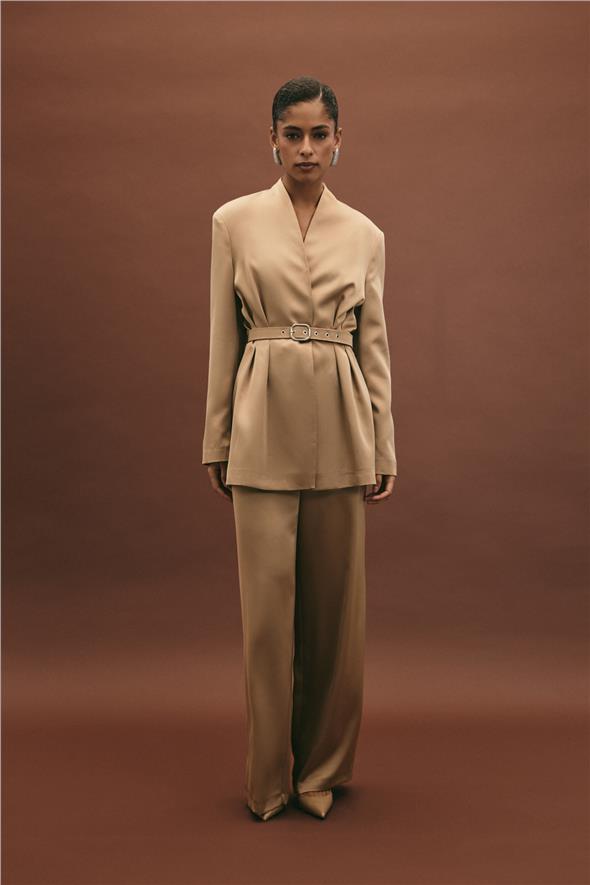 Kemer Detaylı Saten Pantolon - Vizon