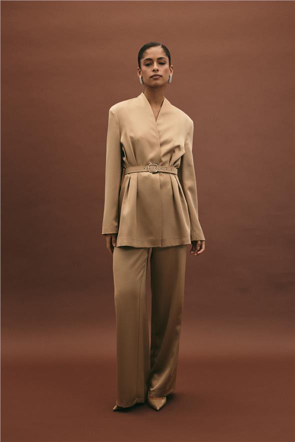 Kemer Detaylı Saten Pantolon - Vizon