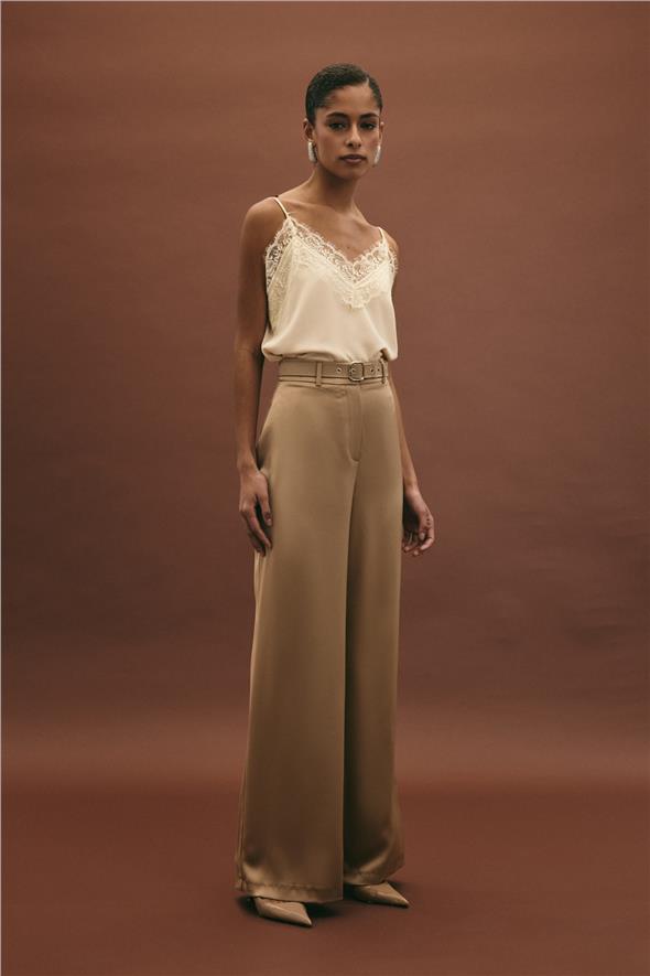 Kemer Detaylı Saten Pantolon - Vizon