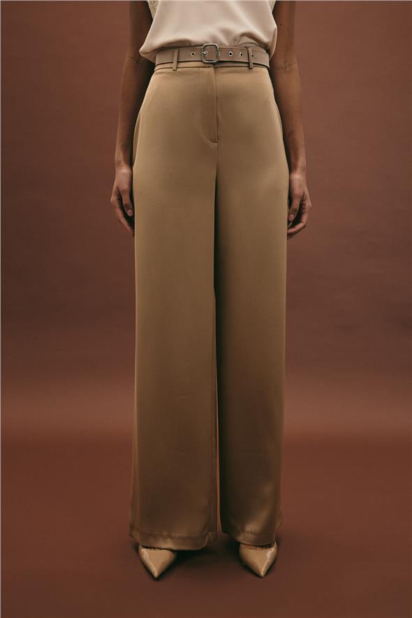 Kemer Detaylı Saten Pantolon - Vizon