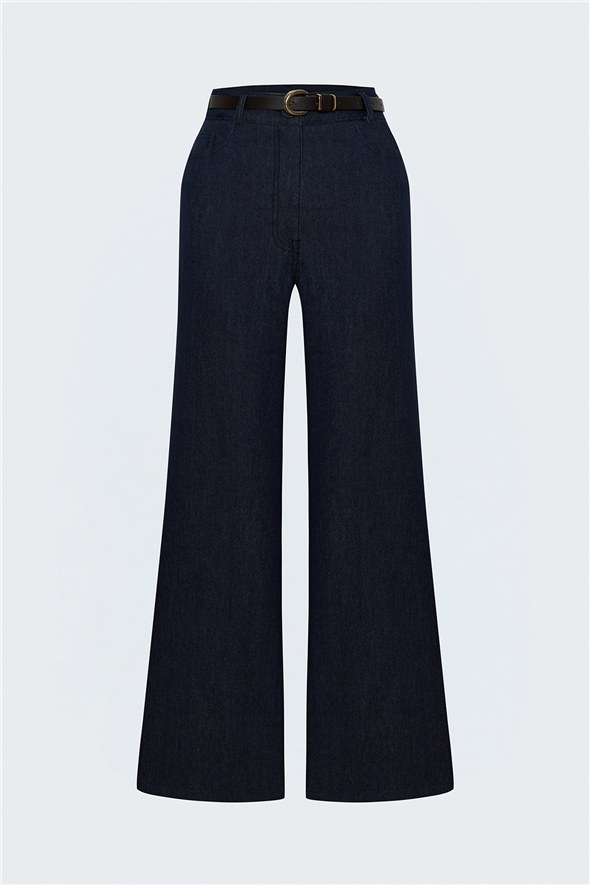Kemerli Denim Görünümlü Pantolon - Lacivert