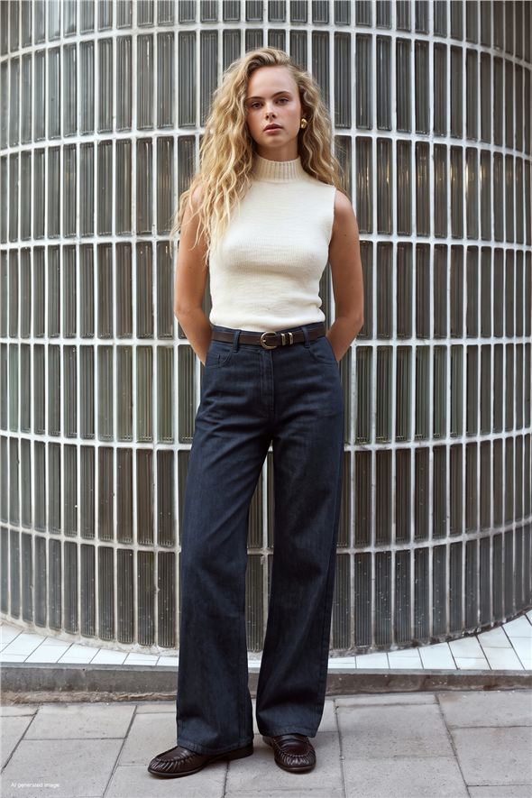 Kemerli Denim Görünümlü Pantolon - Lacivert
