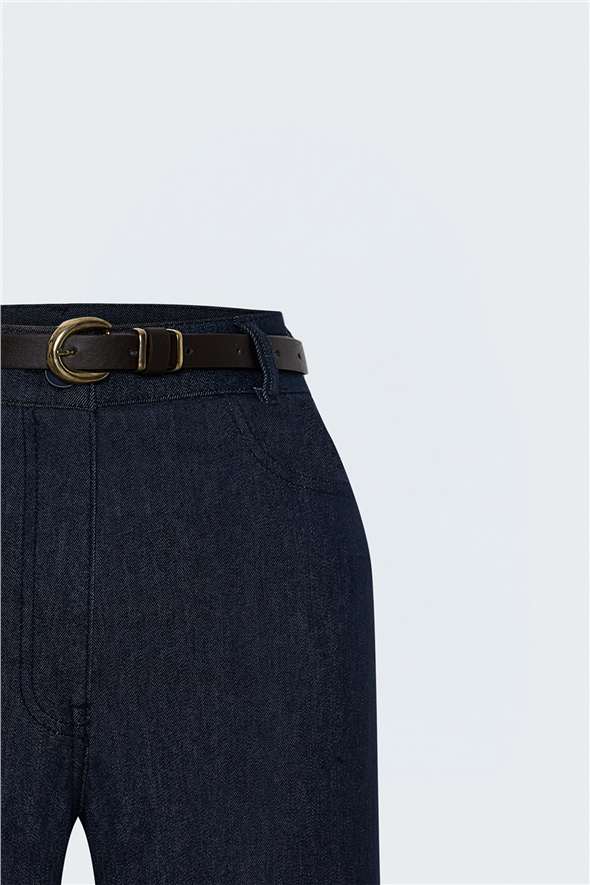 Kemerli Denim Görünümlü Pantolon - Lacivert