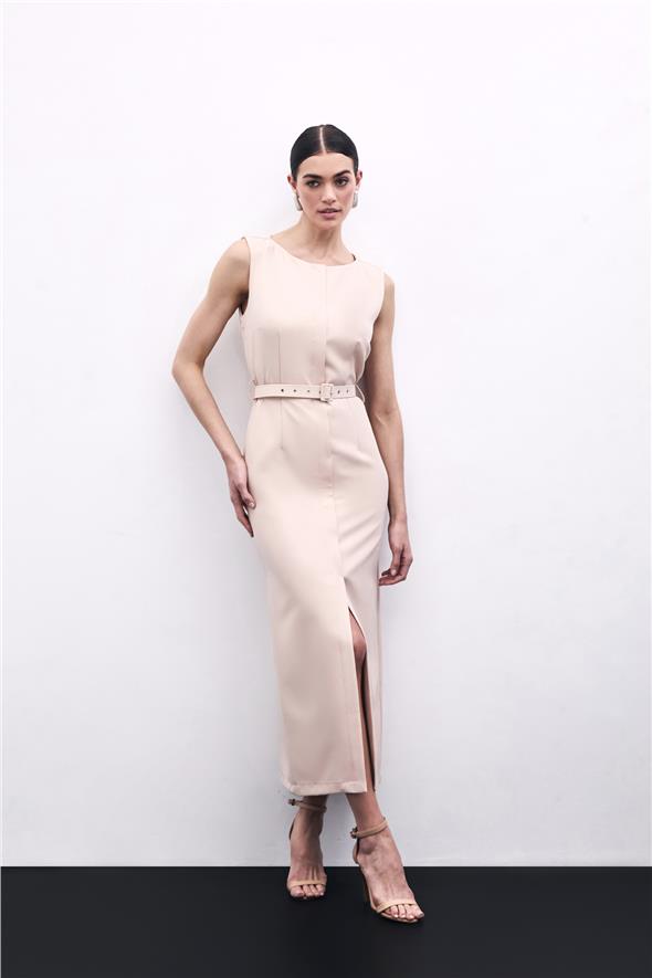 Kemerli Kalem Elbise - Bej