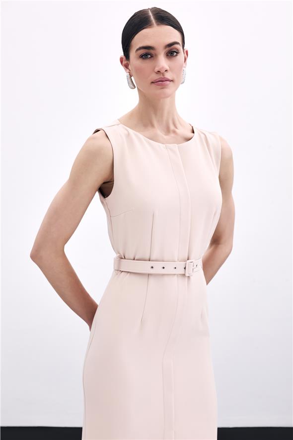 Kemerli Kalem Elbise - Bej