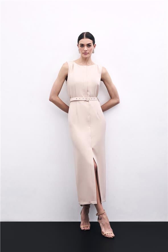 Kemerli Kalem Elbise - Bej