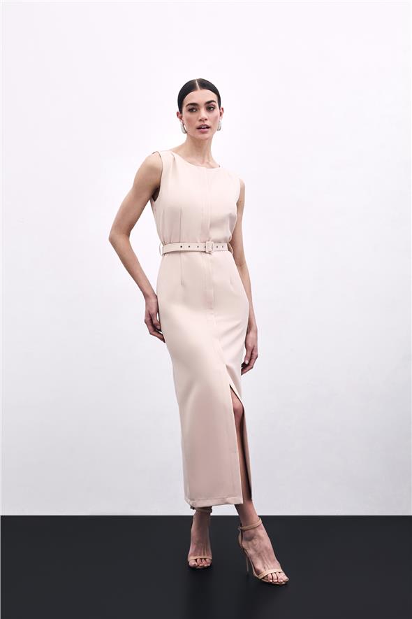 Kemerli Kalem Elbise - Bej