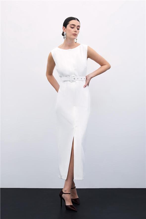 Kemerli Kalem Elbise - Ekru