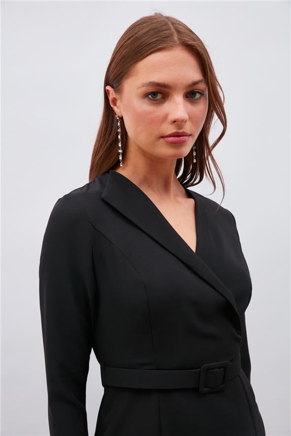 Kemerli Kalem Elbise - SİYAH