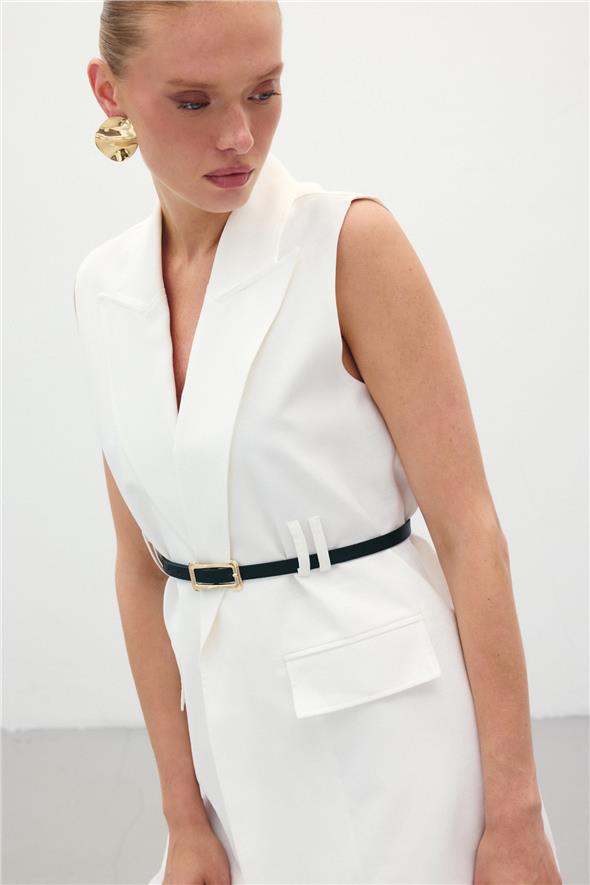 Kemerli Keten Yelek - Ekru