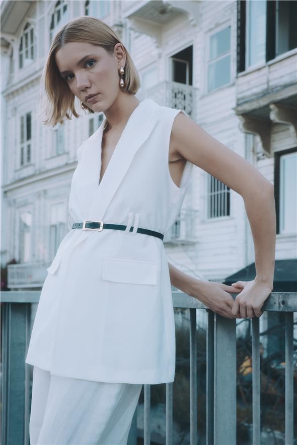 Kemerli Keten Yelek - Ekru