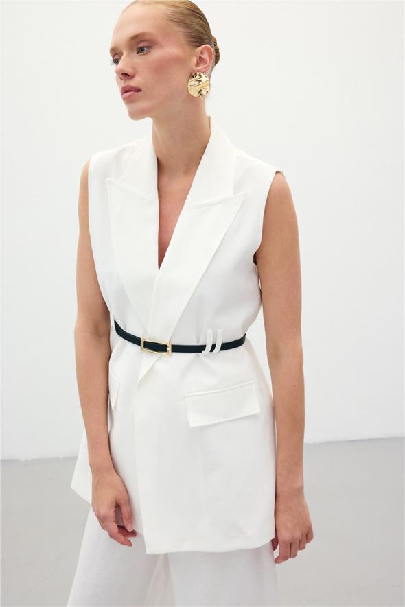 Kemerli Keten Yelek - Ekru