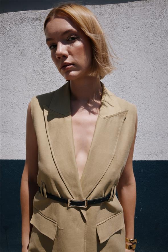 Kemerli Keten Yelek - Haki