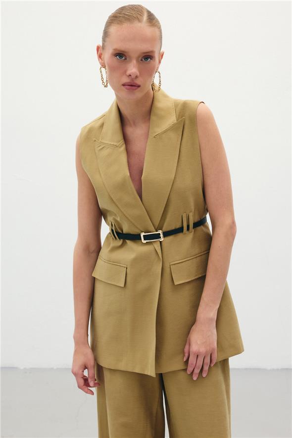 Kemerli Keten Yelek - Haki