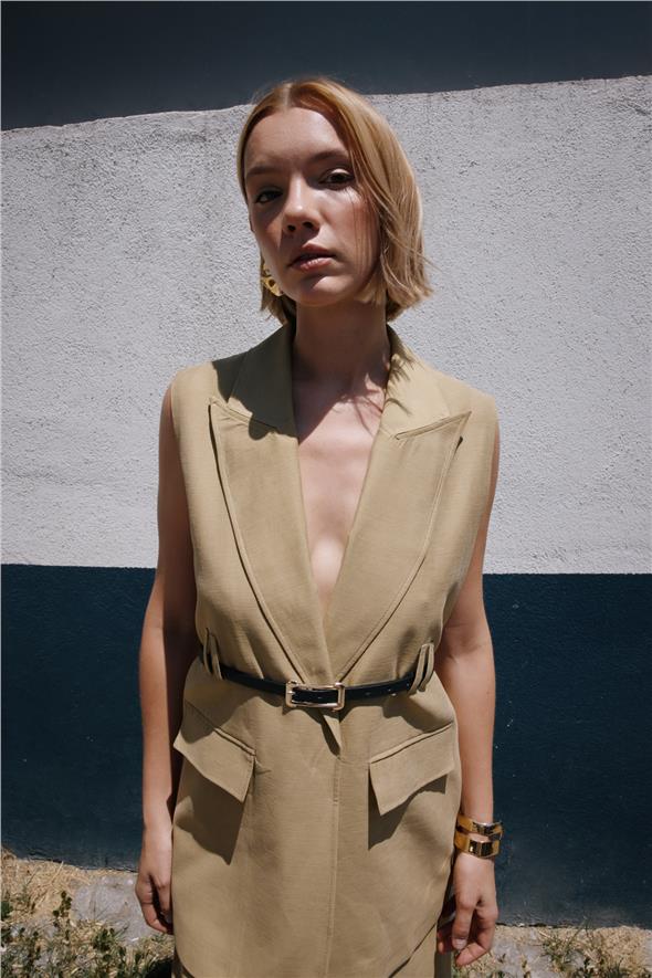 Kemerli Keten Yelek - Haki